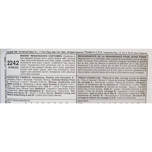 McCall's 2242 Sewing Pattern Misses Women's Renaissance Costumes Dresses Size 10 - Picture 3 of 4